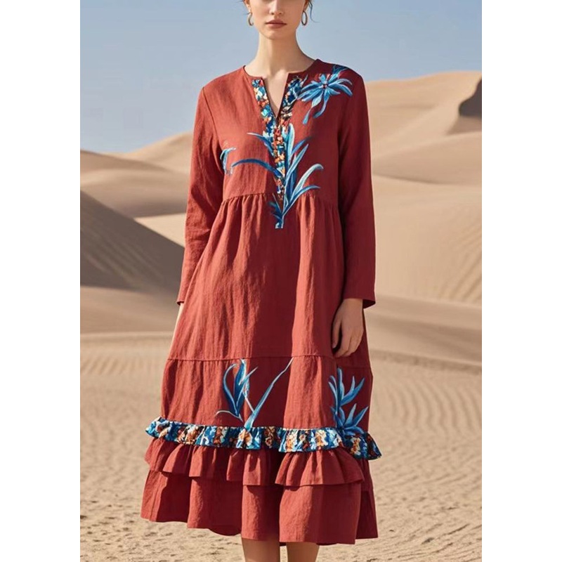 Chic Red Print Patchwork Ruffles Cotton Dresses Fall