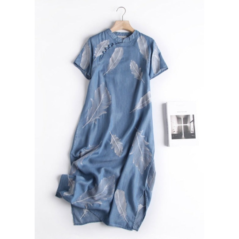 Chinese Style Little Blue Print Side Open Silk Cotton Long Dress Short Sleeve