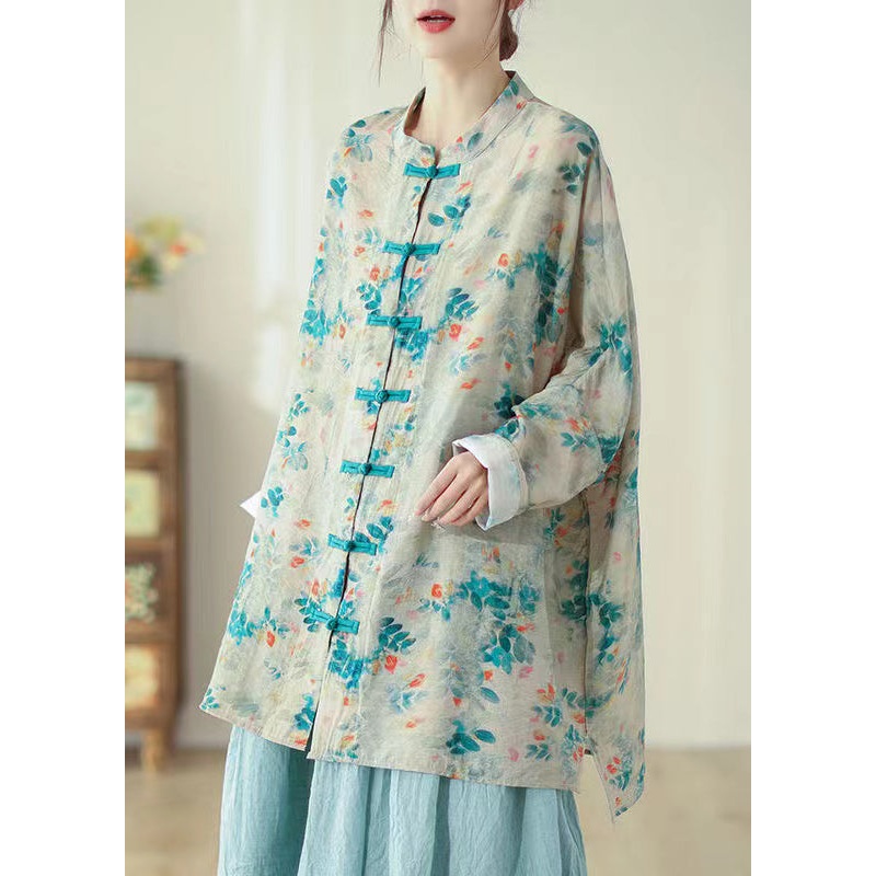 Chinese Style Stand Collar Print Oriental Button Linen Shirts Spring