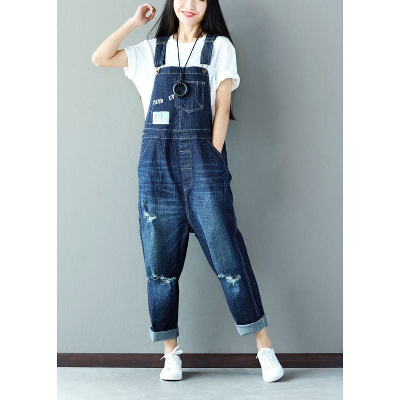 Classy Blue Applique Cotton Denim Jumpsuit Ripped Jeans Spring