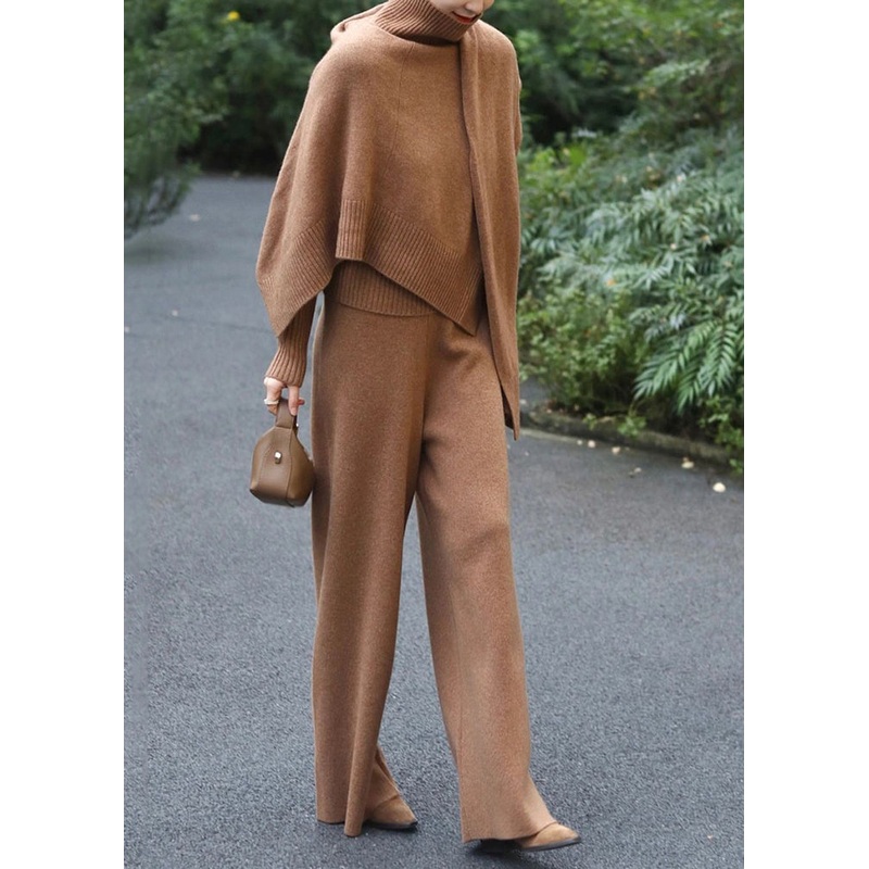 Classy Khaki Sweaters And Pants Knit Two Pieces Set Fall