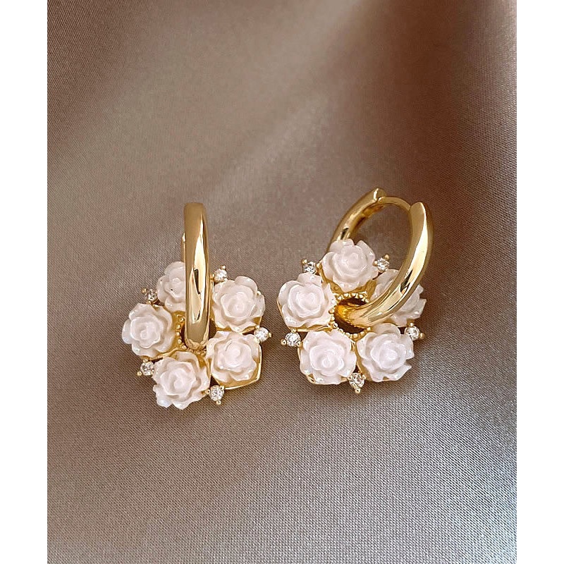 Classy White Copper Alloy Camellia Hoop Earrings