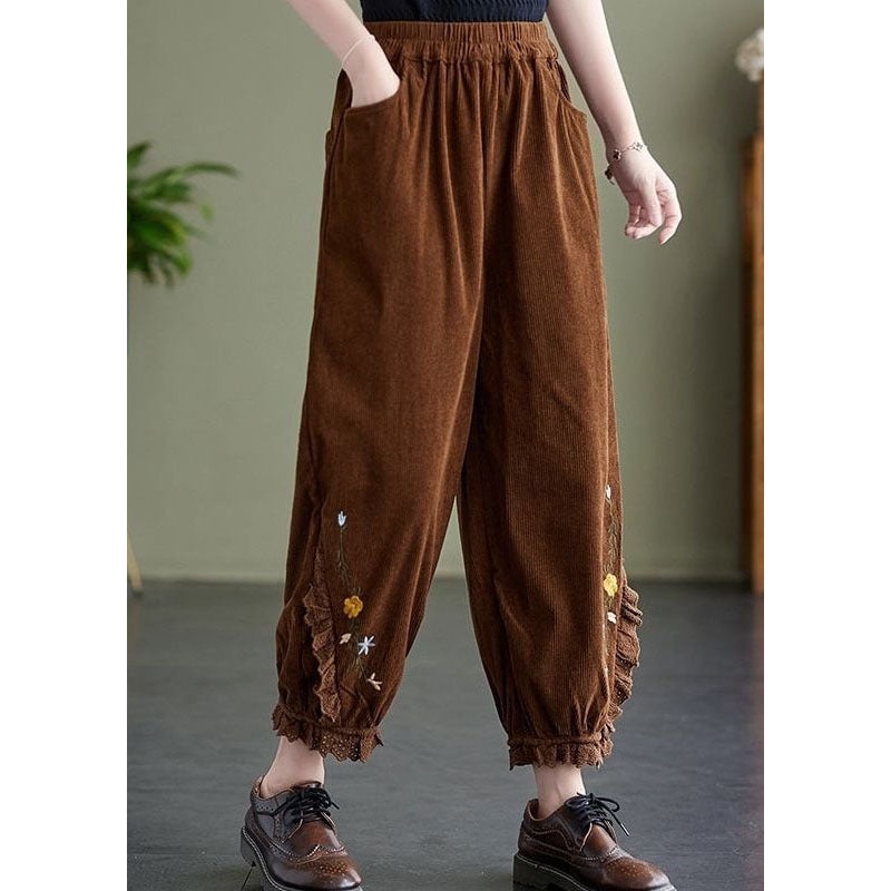 Coffee Patchwork Lace Warm Fleece Corduroy Harem Pants Embroideried Oversized Spring