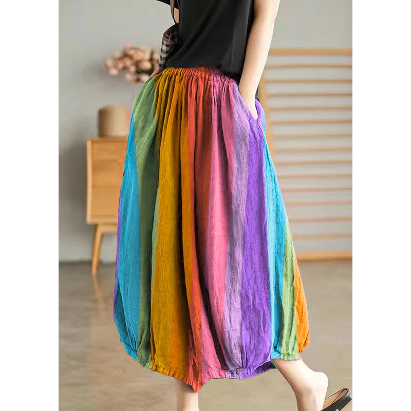 Color Stripes Elastic Waist Linen Wide Leg Pants