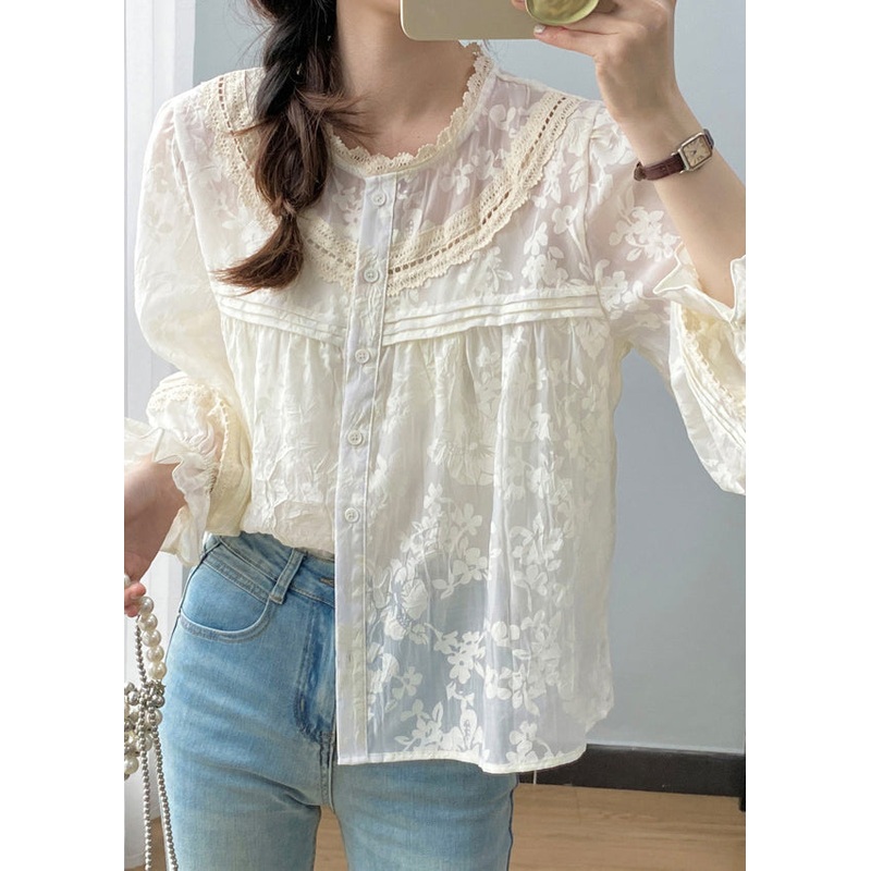 Cute Apricot Ruffled Patchwork Button Shirts Spring