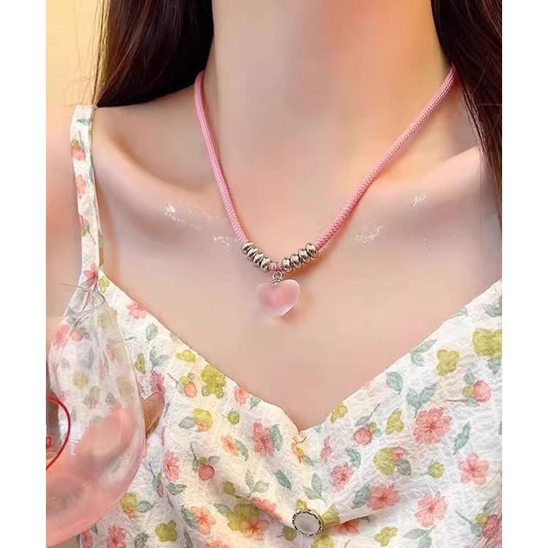 Cute Pink Handmade Weaving Love Pendant Necklace