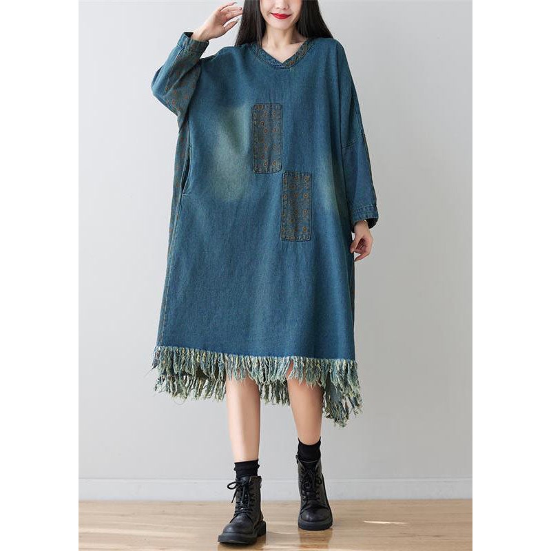 Denim Blue Patchwork Cotton Dress Oversized Applique Spring