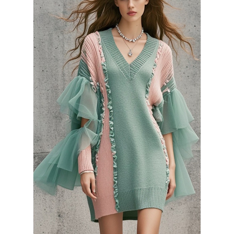 DIY Green Ruffled Patchwork Tulle Long Sweater Fall