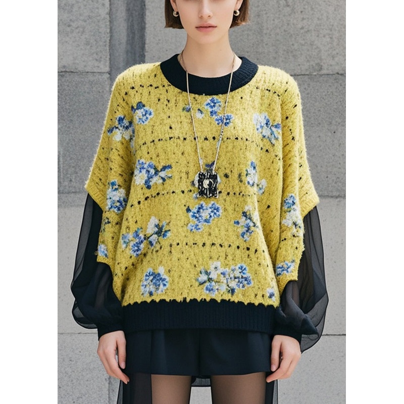 DIY Yellow Print Patchwork Knit Loose Sweaters Fall