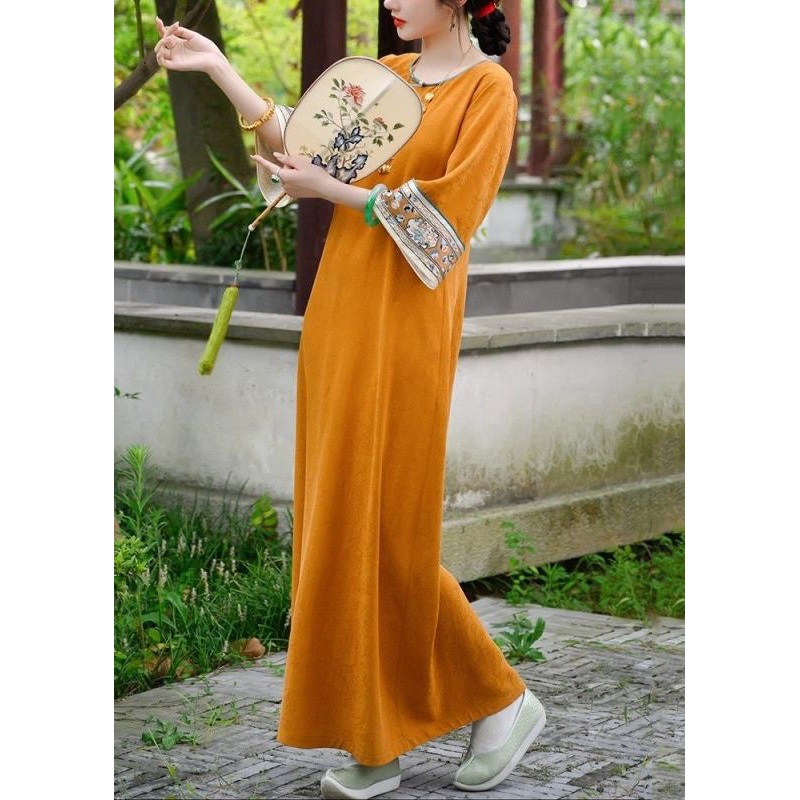 Elegant Orange Button Print Silk Long Dresses Bracelet Sleeve