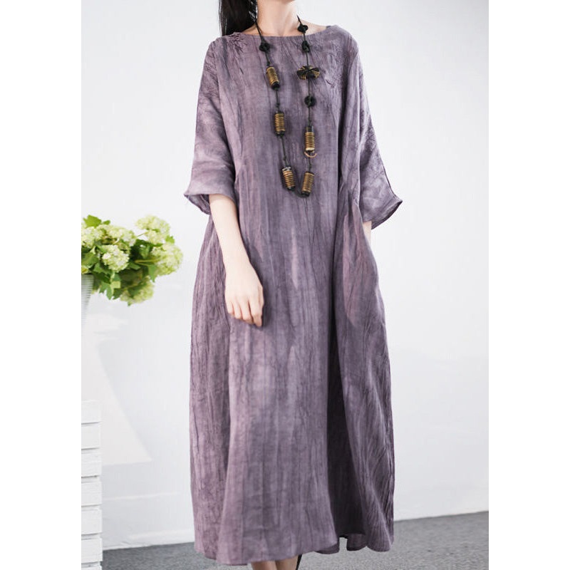 Elegant Purple O Neck Pockets Cotton Long Dress Half Sleeve