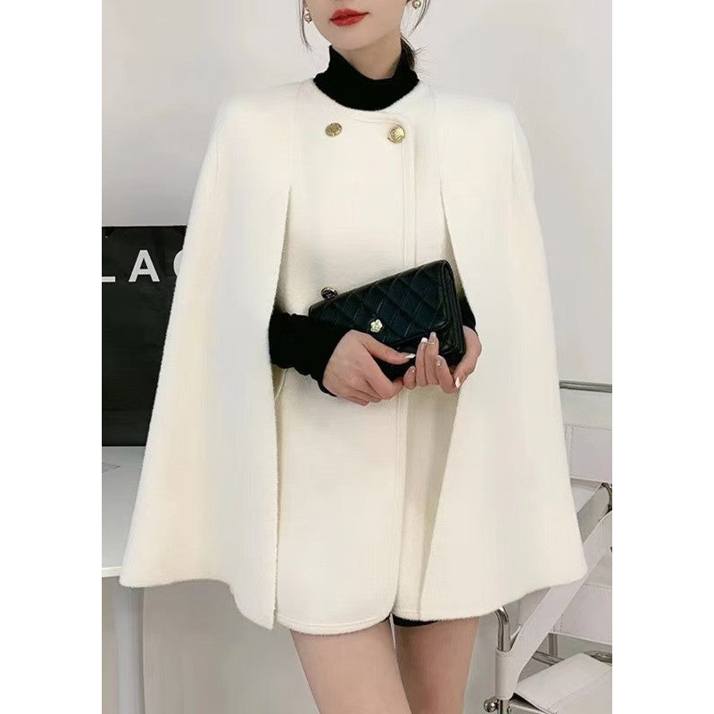 Elegant White O-Neck Knit Patchwork Cape And Woolen Coats Two Piece Set
