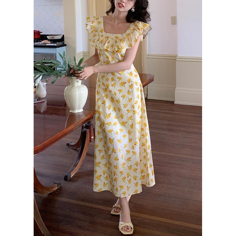 Elegant Yellow Ruffled Print Cotton Long Dress Sleeveless