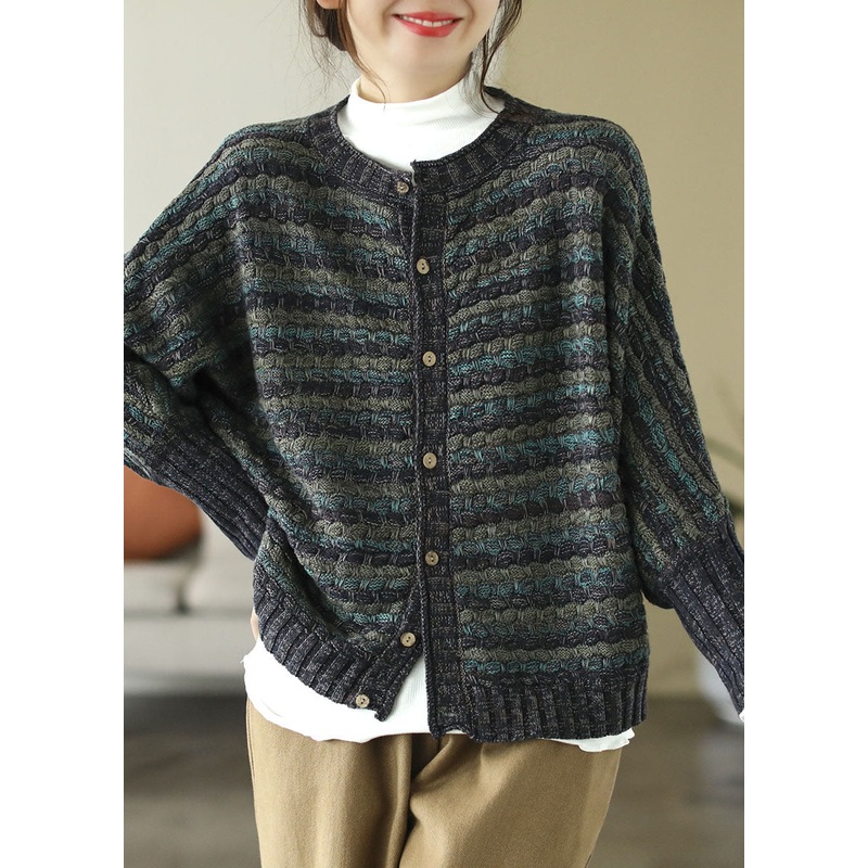 Fine Green O-Neck Print Button Cotton Knit Sweaters Coats Long Sleeve