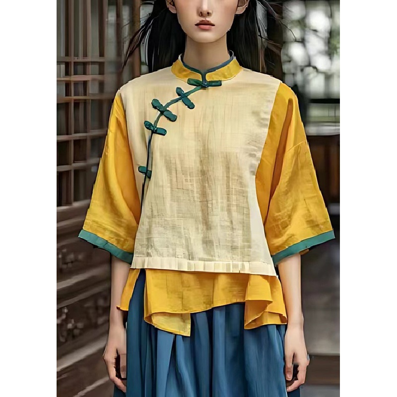 Fine Yellow Chinese Button Patchwork Linen Shirt Summer