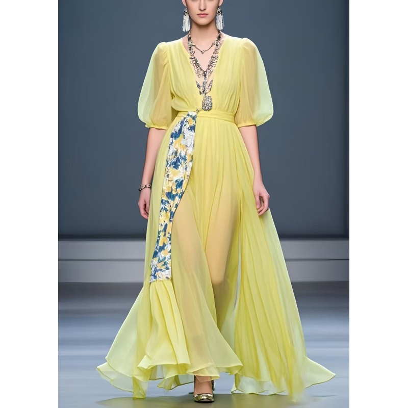Fine Yellow Puff Sleeve Patchwork Chiffon Dress Summer