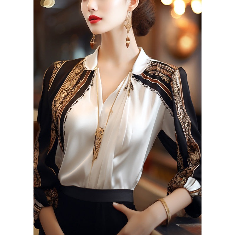 French Apricot Peter Pan Collar Print Patchwork Chiffon Shirts Spring