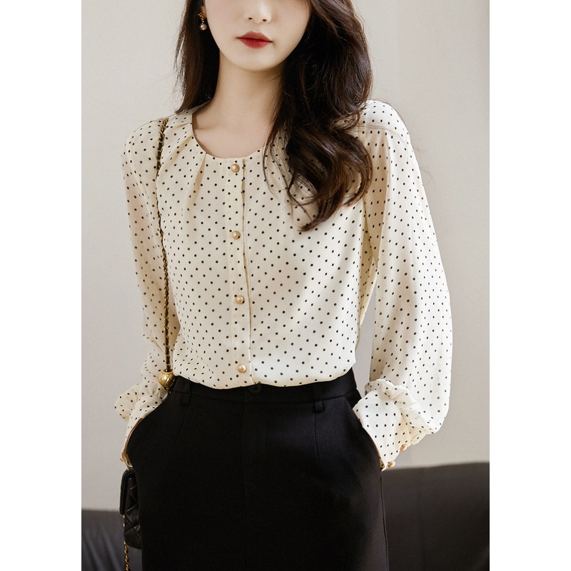 French Beige Print Wrinkled Button Shirt Fall