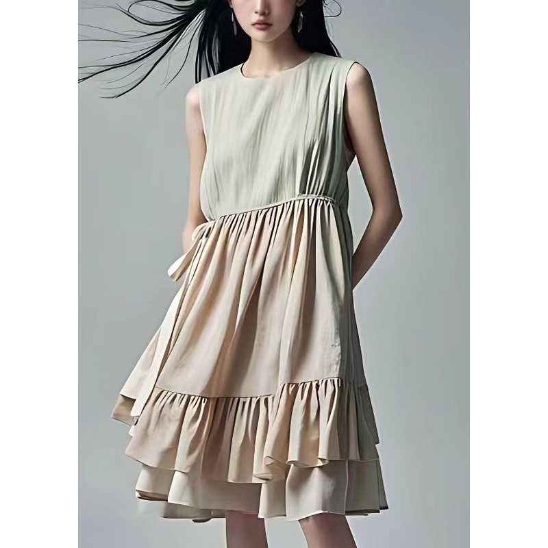 French Beige Wrinkled Lace Up Cotton Dress Sleeveless