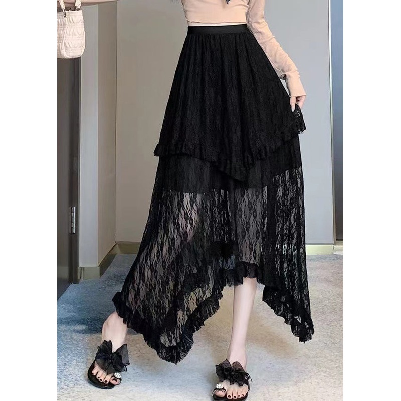 French Black Asymmetrical Patchwork Lace Skirts Summer