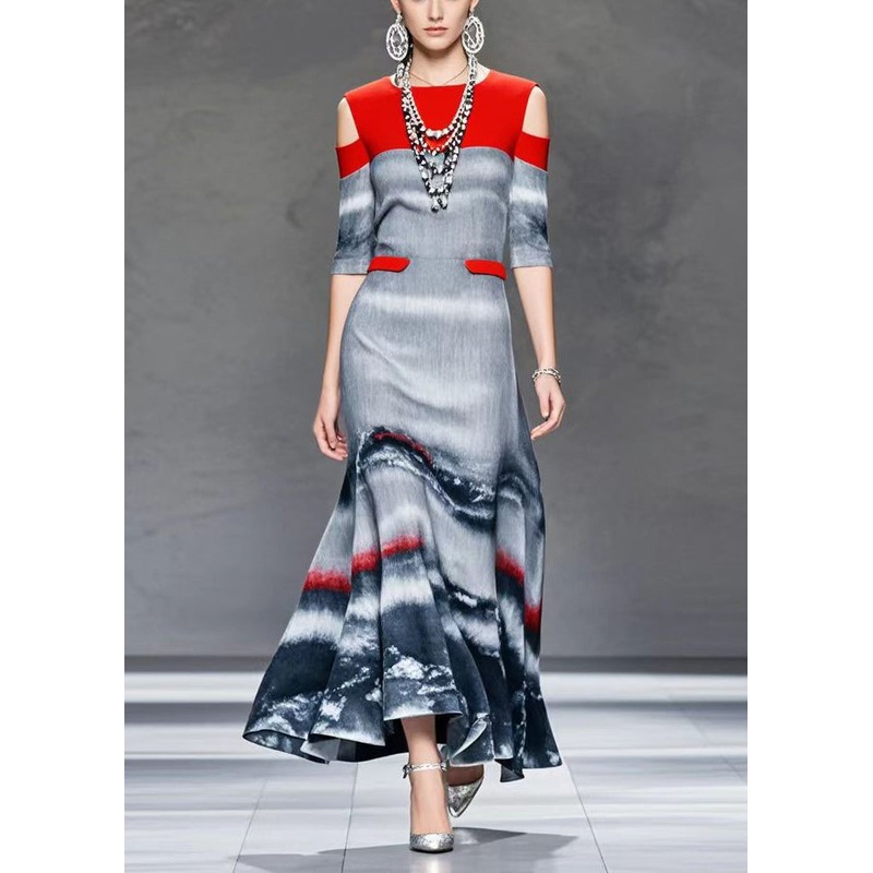 French Grey Cold Shoulder Patchwork Tie Dye Cotton Maxi Dresses Fall