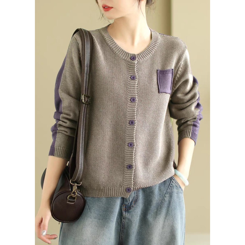 French Grey O Neck Button Patchwork Knit Coat Spring