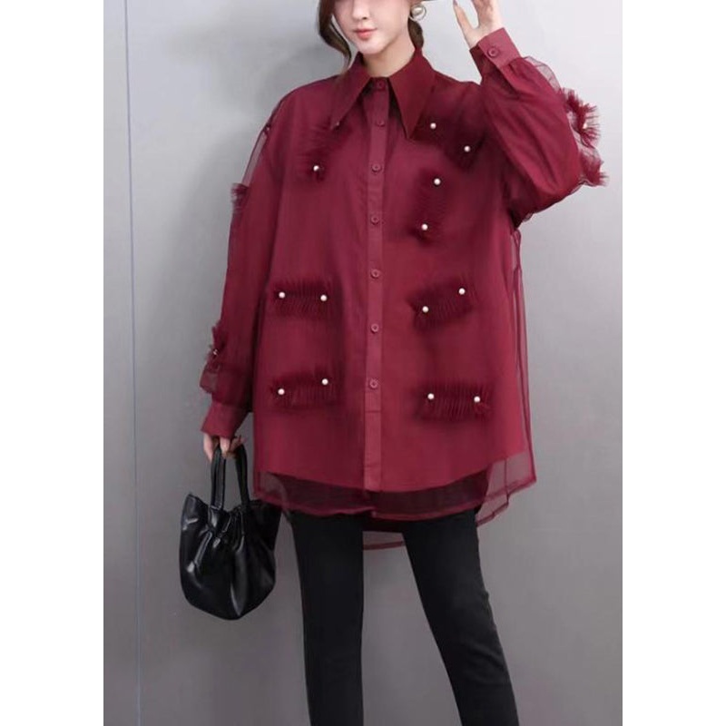 French Mulberry Peter Pan Collar Nail Bead Button Tulle Shirts Spring