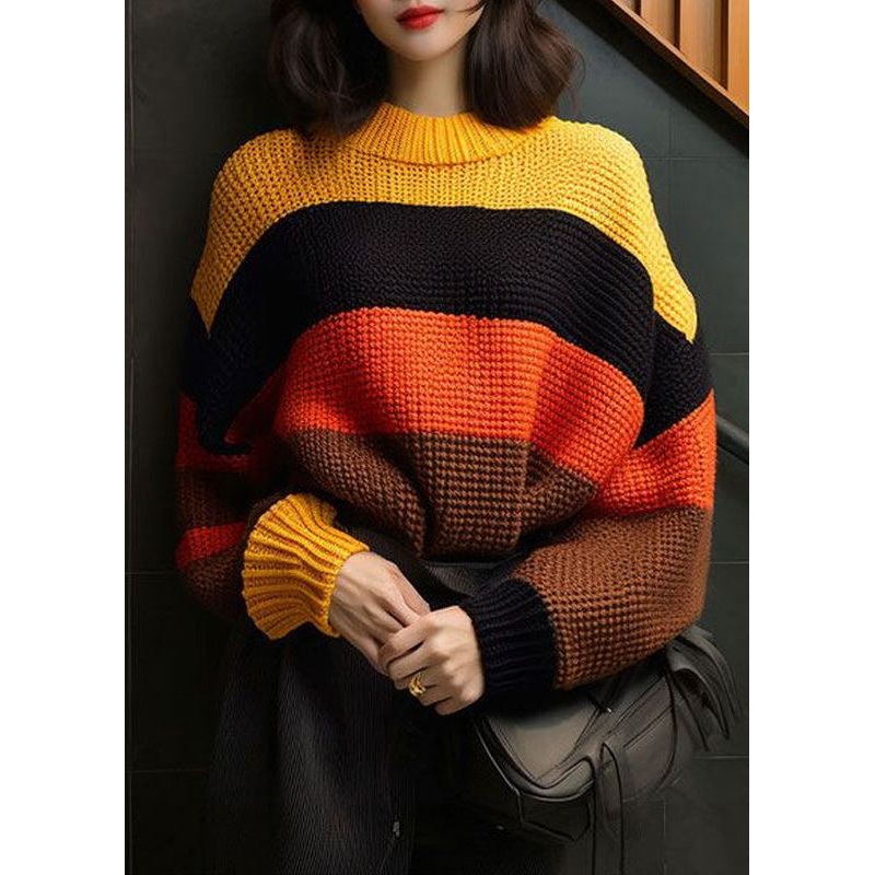 French Striped O Neck Hollow Out Patchwork Knit Tops Spring