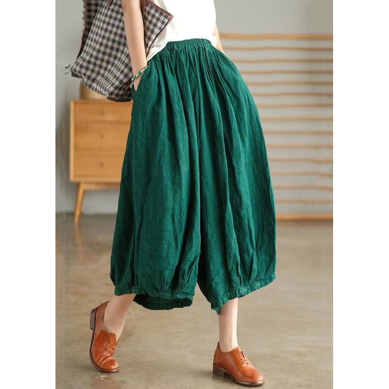 Green Pockets Solid Linen Wide Leg Pants High Waist Summer