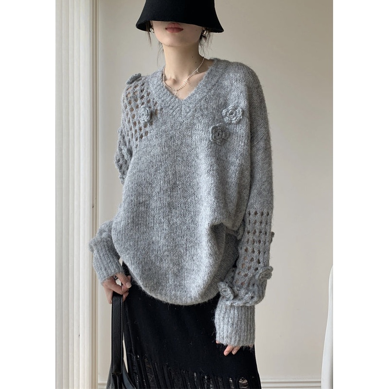 Grey Hollow Out Cozy Cotton Knit Winter Sweater V Neck
