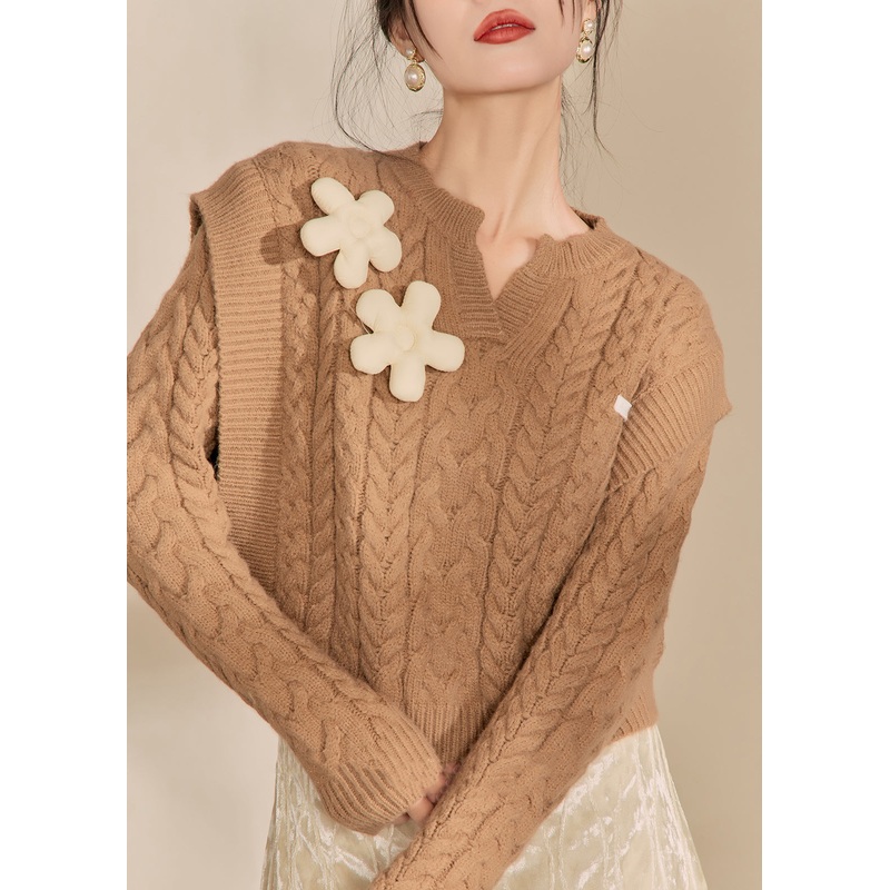 Handmade Brown V Neck Floral Thick Cable Cotton Knit Sweaters Winter