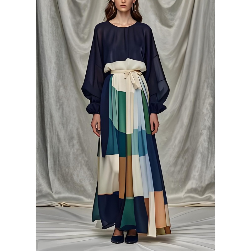 Italian Navy O Neck Tie Waist Patchwork Silk Dress Long Sleeve
