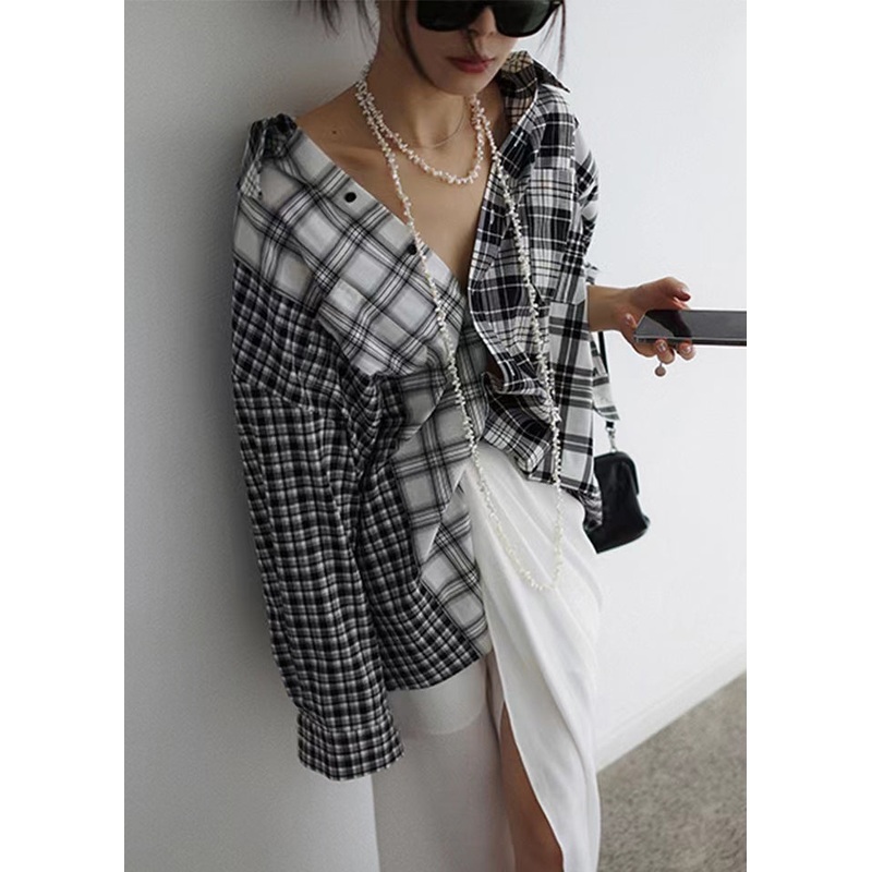 Italian Plaid Peter Pan Collar Button Cotton Shirts Long Sleeve