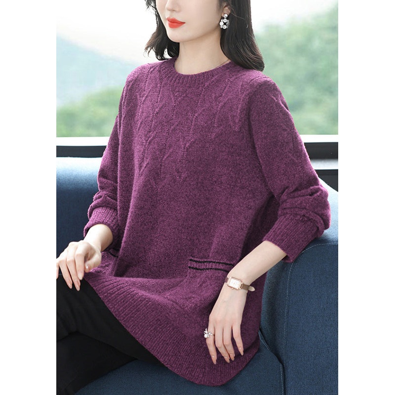 Italian Purple O Neck Pockets Thick Woolen Knit Sweaters Winter