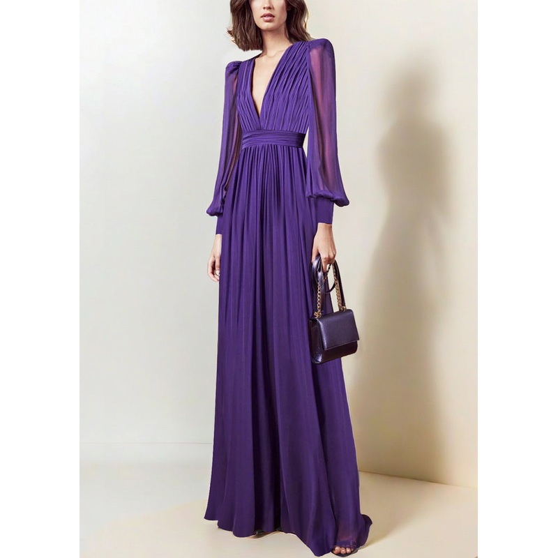 Italian Purple V Neck Wrinkled Chiffon Maxi Dresses Fall