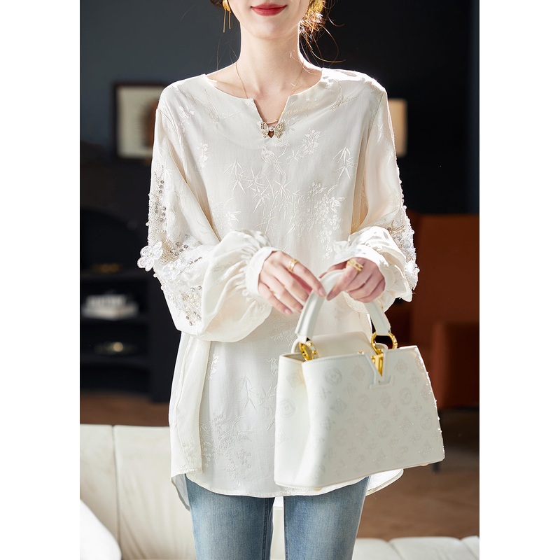 Jacquard White Sequins Nail bead Chiffon Tops Long Sleeve