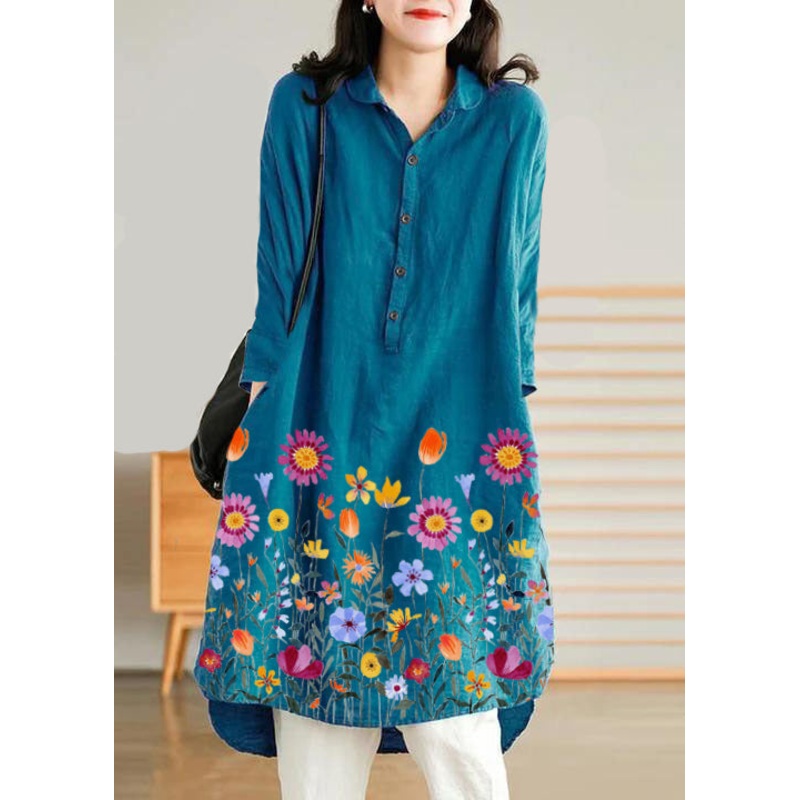 Jade Blue-flower Linen Women Casual Linen Shirt Dress