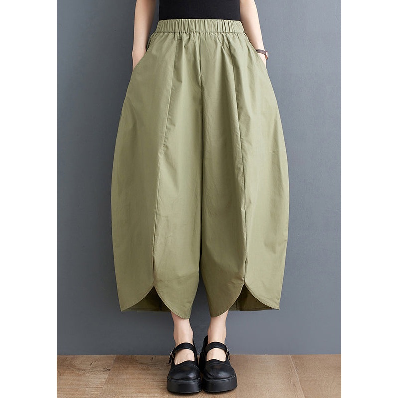Loose Army Green Pockets Elastic Waist Cotton Crop Pants Fall