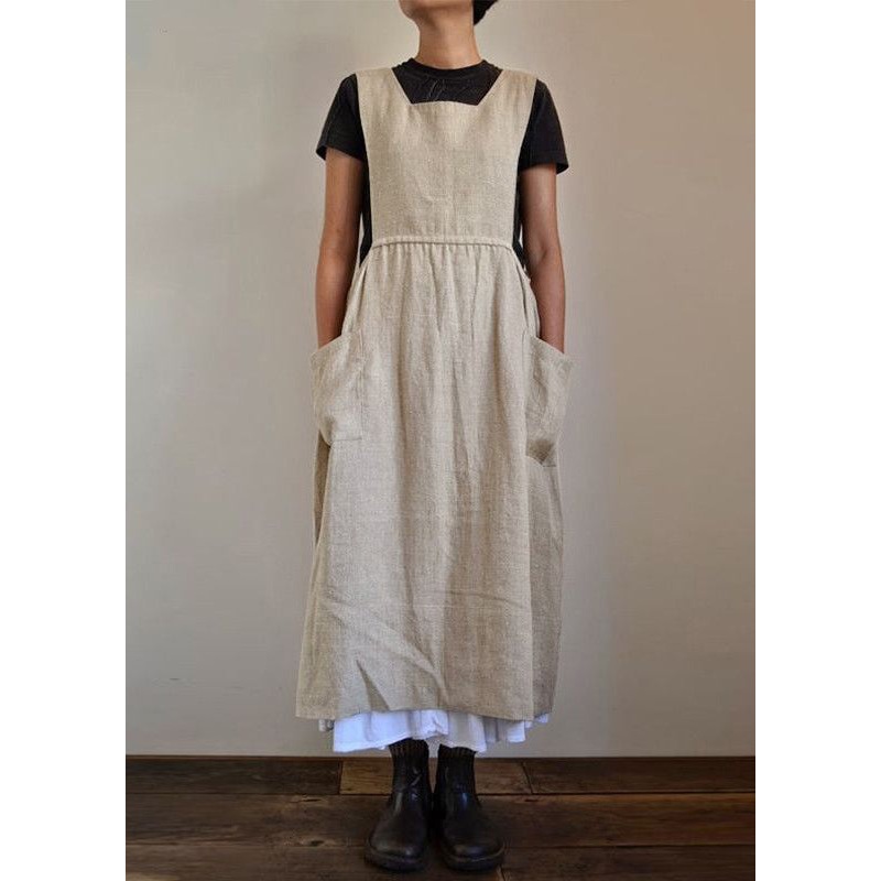 Loose Beige Pockets High Waist Linen Dress Sleeveless