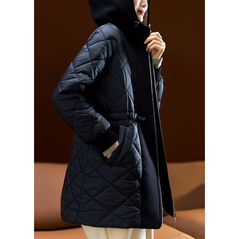 Loose Black Hooded Drawstring Pockets Cotton Filled Coats Winter