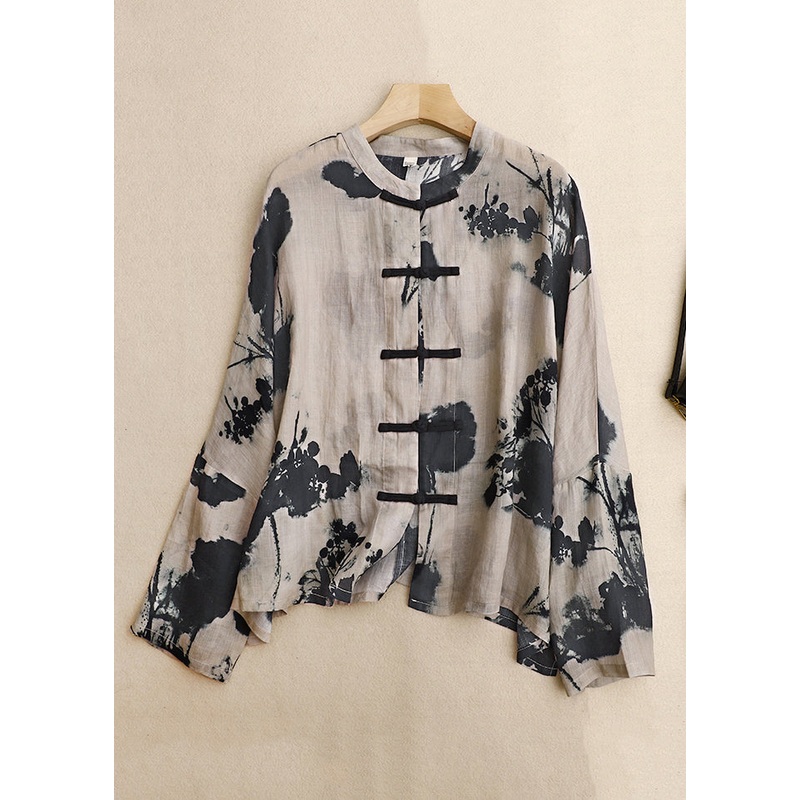 Loose Black Print Button Cotton Shirt Long Sleeve
