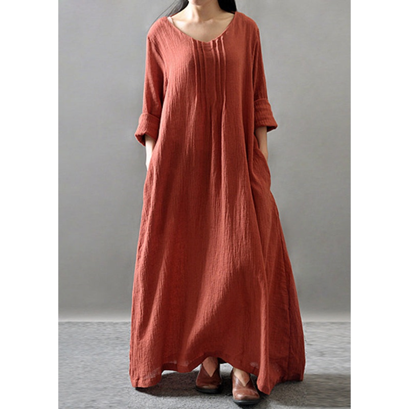 Loose Orange O-Neck Long Dress Spring