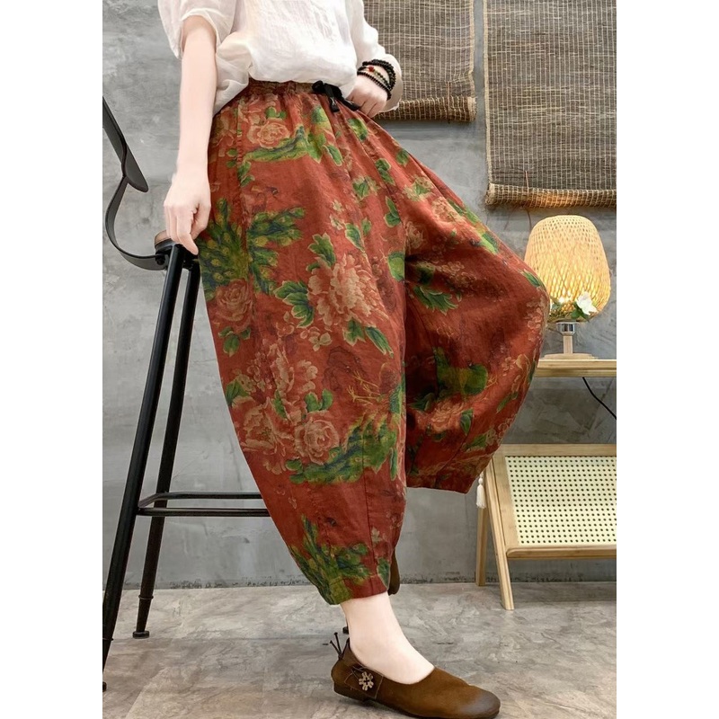 Loose Red Print Pockets Linen Crop Pants Summer