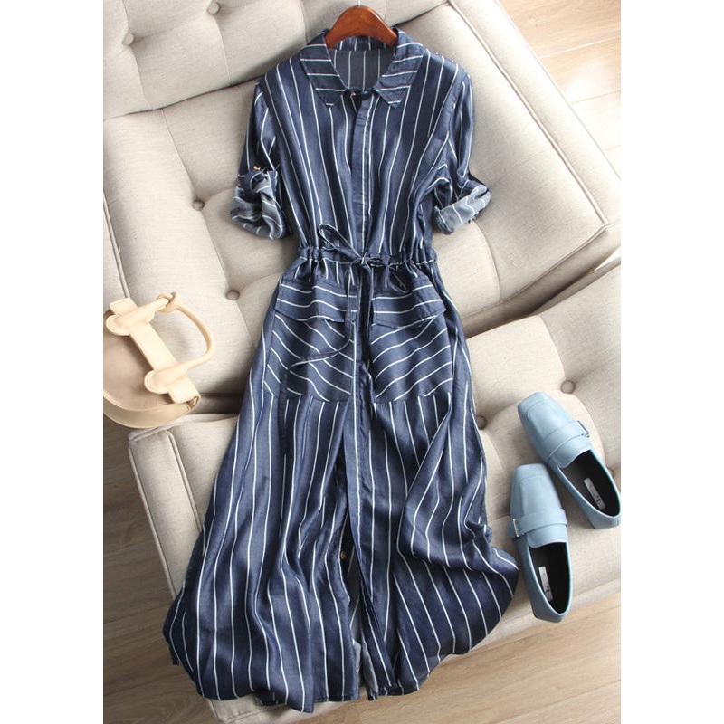 Loose Striped Button Lace Up Denim Blouses Dress Half Sleeve