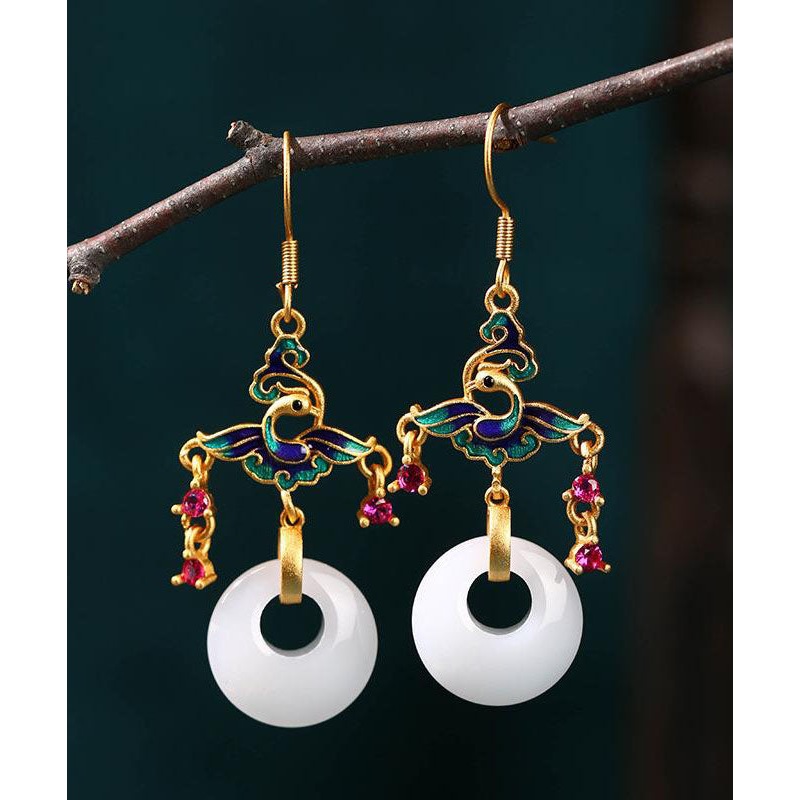 Loose White Ancient Gold Jade Enamel Ping Buckle Drop Earrings