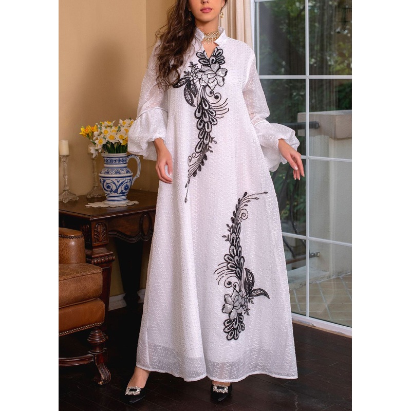 Loose White Embroidered Tie Waist Long Dresses Puff Sleeve
