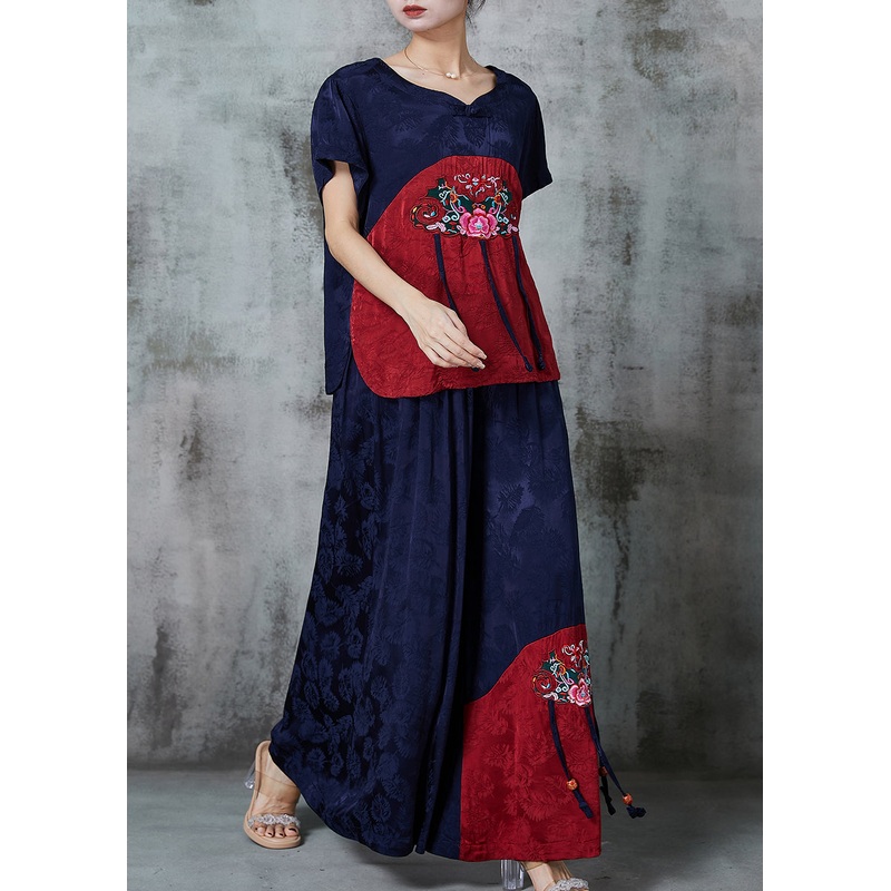 Navy Jacquard Silk Oriental 2 Piece Outfit Tasseled Embroidered Summer