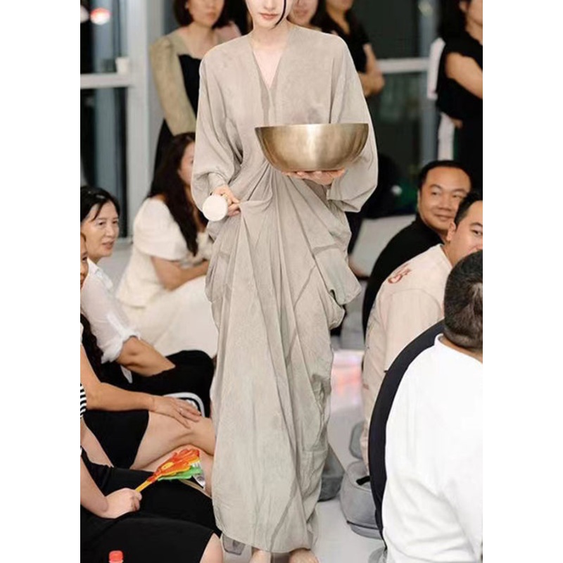 New Grey V Neck Solid Cotton Maxi Dresses Long Sleeve