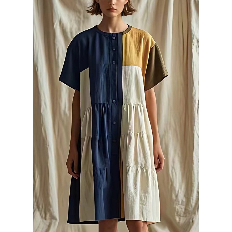 New Navy O Neck Button Patchwork Linen Shirts Dress Summer