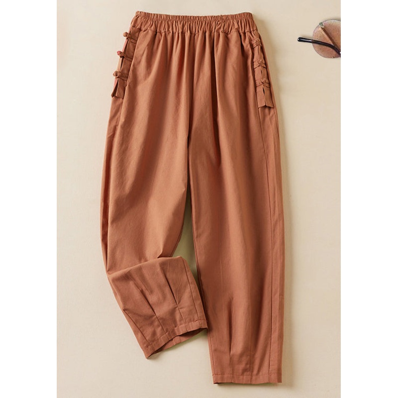 New Orange Pockets Elastic Waist Cotton Crop Pants Summer